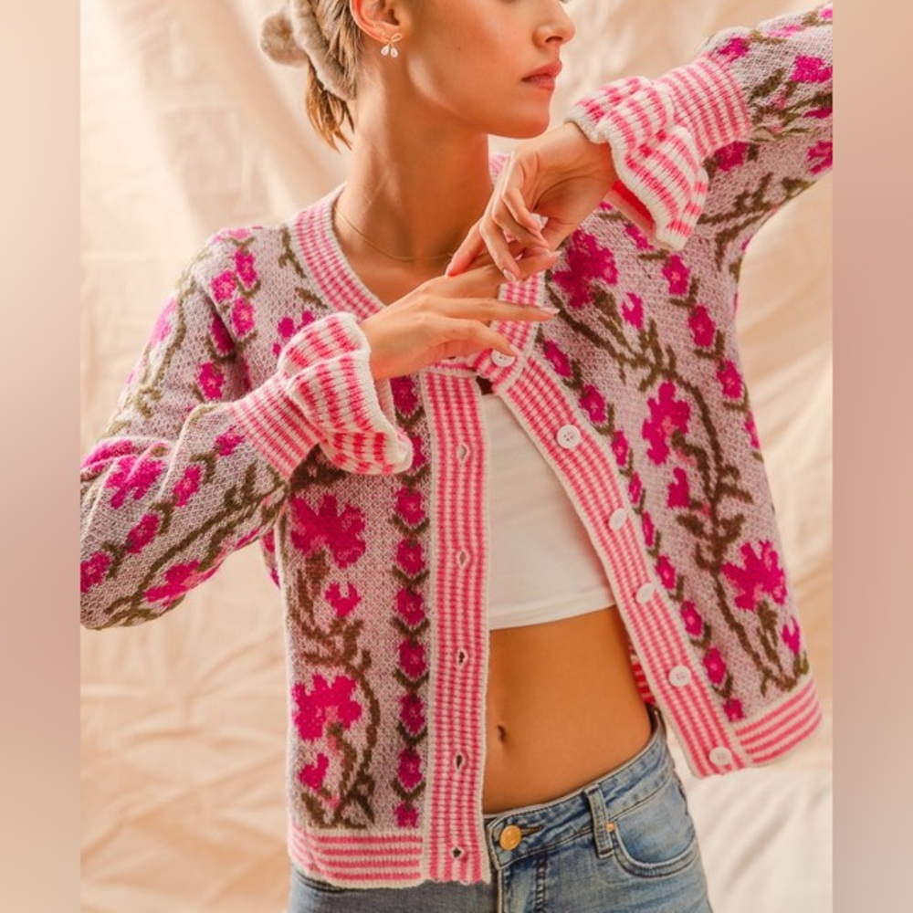 Pink Floral Intarsia Button Up Sweater Cardigan - Picture 8 of 16